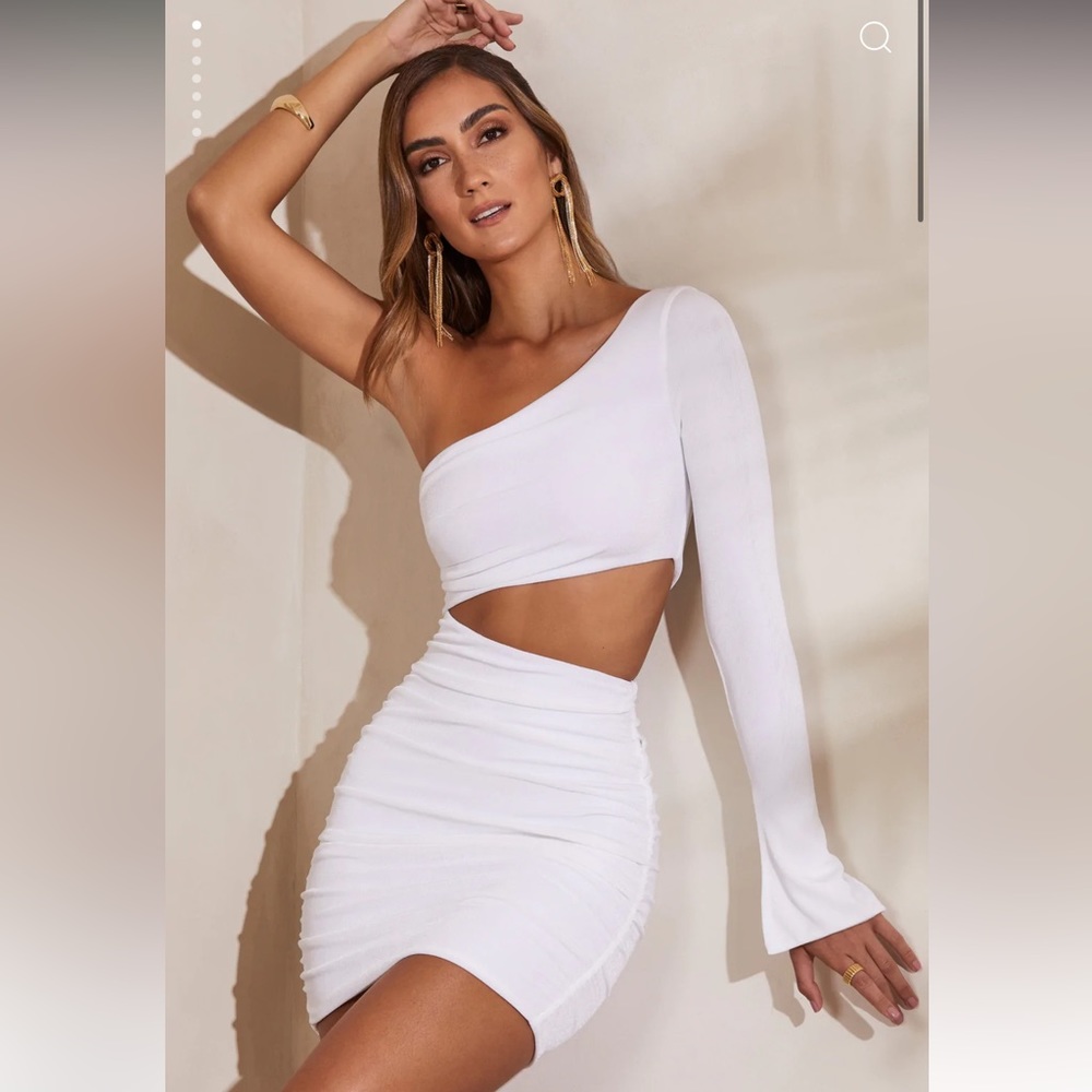 OhPolly One Shoulder Flare Sleeve Mini Dress In White